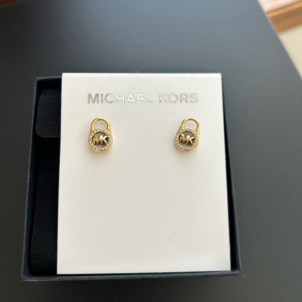 Michael Kors Gold Padlock Pave Crystal Stud Earrings NWT - Picture 3 of 5